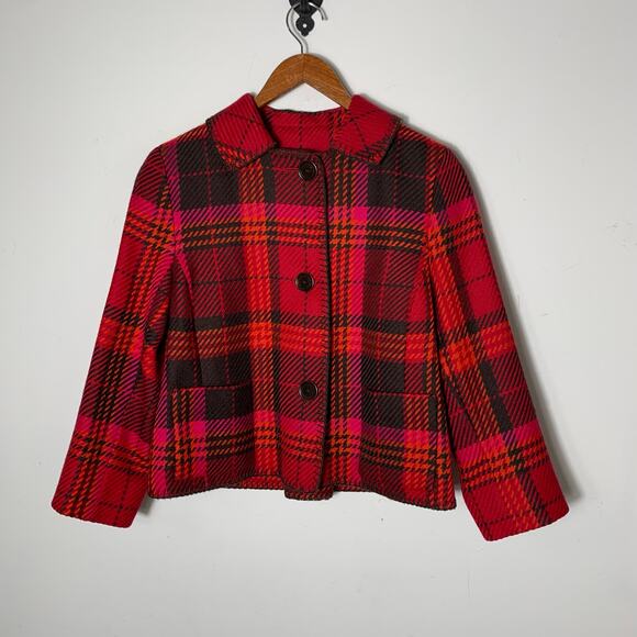 Womens Akris Punto Red & Pink Plaid Cropped Blazer Size 8 EUC!